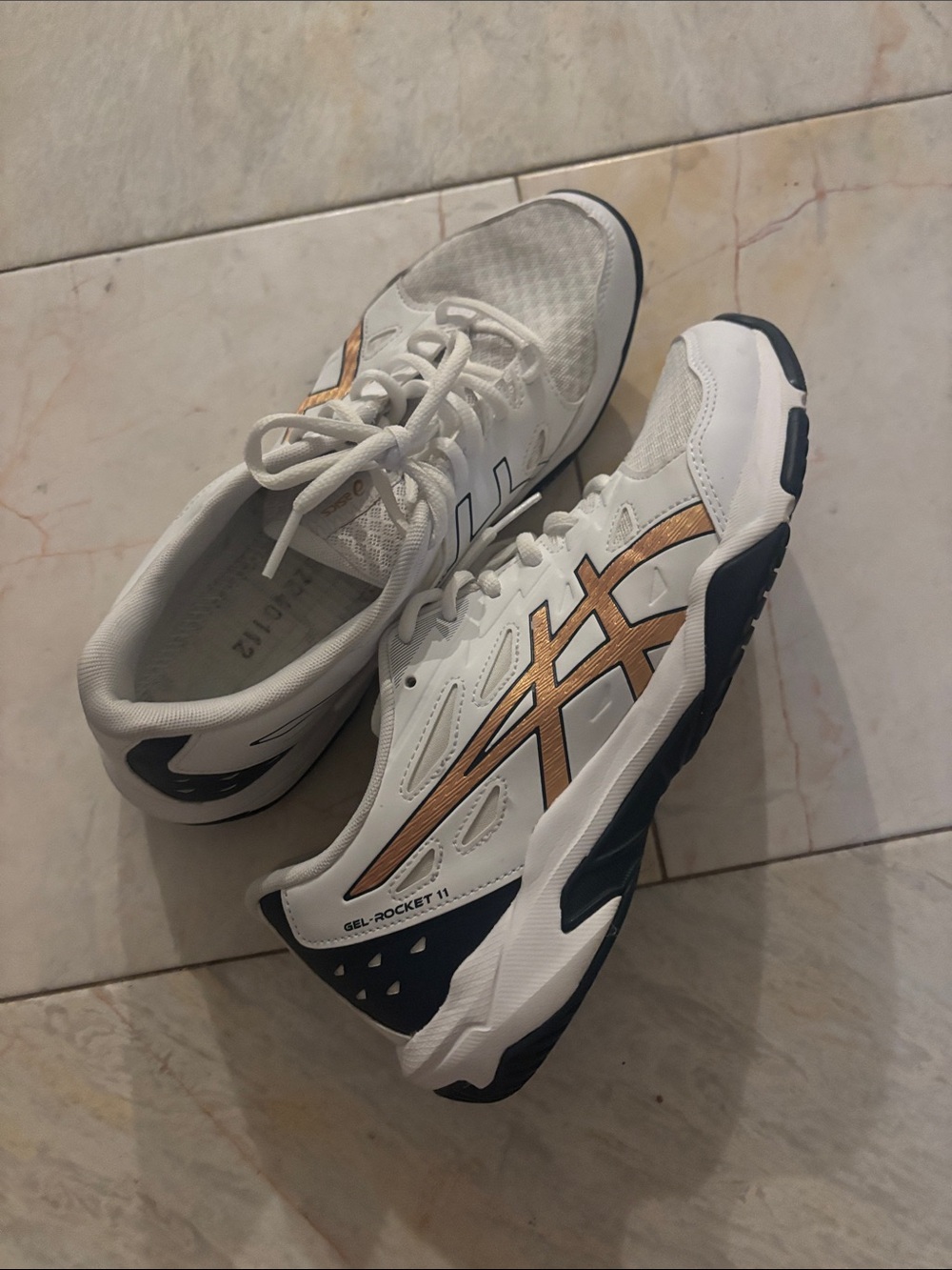 Asics White Navy Sneakers with Metallic Gold Accent